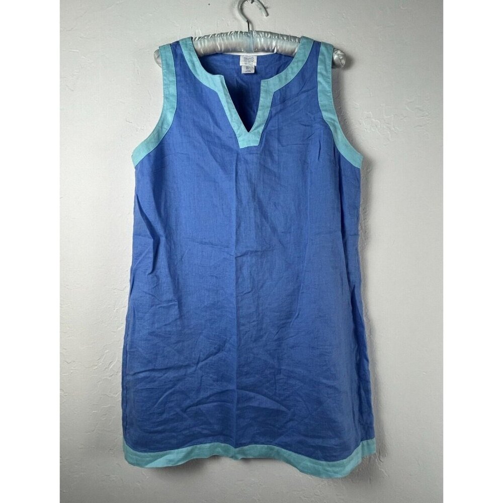 Sigrid Olsen Women Shift Dress Large Blue Pullover Mini Sleeveless V-Neck Linen